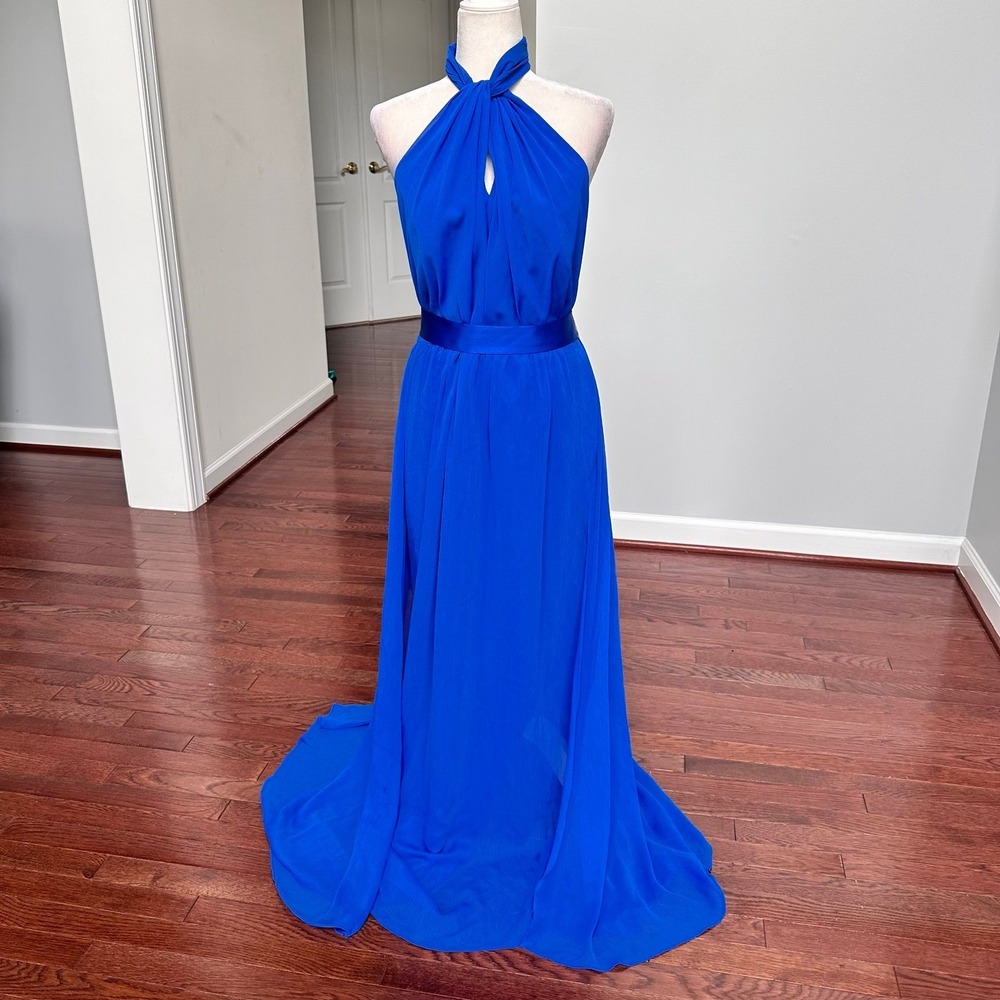 Vera Wang White Chiffon Style Peep Keyhole Halter Neck Formal Gown Dress Size 14